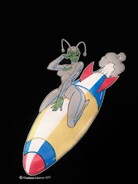 a cartoon image of a woman riding a rocket