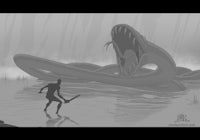 a man is standing in the water next to a snake